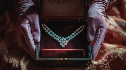 A luxurious, glittering diamond necklace, set in a vintage red velvet jewelry box, evokes timeless romance, elegance, and the glamour of high-society occasions like engagements, anniversaries.