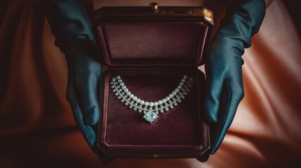 A luxurious, glittering diamond necklace, set in a vintage red velvet jewelry box, evokes timeless romance, elegance, and the glamour of high-society occasions like engagements, anniversaries.