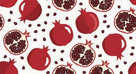 Vibrant red pomegranate fruit seamless pattern background illustration.