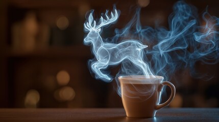 Steam rising from a hot mug, magically swirling to form a glowing, translucent reindeer in mid-leap.