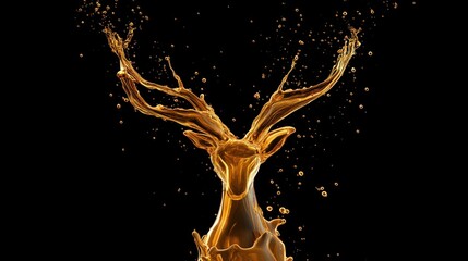 The head and antlers of a majestic deer, dynamically formed from a splash of shimmering liquid gold.