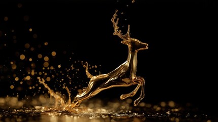 A majestic reindeer made entirely of shimmering liquid gold, frozen mid-leap as it splashes through a shallow surface.