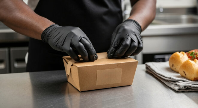 A chef's hands in black gloves sealing a brown takeaway food box on a steel counter. Restaurant worker preparing an order for delivery or takeout