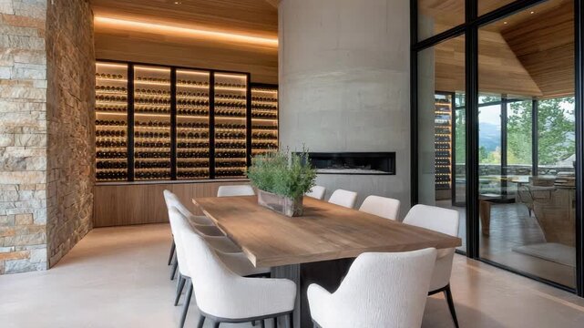 Modern dining room with wooden table and upholstered chair, fireplace, wine display, wine cellar