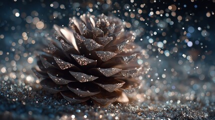 Hyper-realistic macro shot captures a pinecone dusted with shimmering silver and gold glitter, resting on a sparkling surface.
