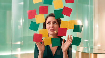 Woman surrounded by floating sticky notes against a soft pastel background. Visual metaphor of emotional overload, mental pressure and chaotic thoughts, with gentle light and airy composition.