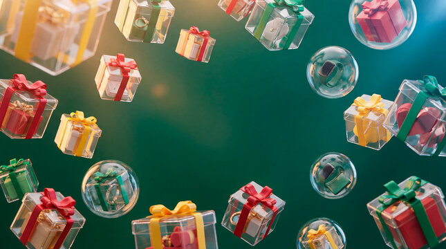 Transparent floating gift boxes and glossy spheres filled with presents under cinematic glowing light. Dynamic festive composition with a clean central free zone perfect for adding a discount message.