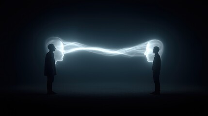 Two human silhouettes facing each other, their minds connected by a dynamic stream of glowing white energy.