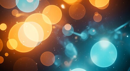 Abstract vibrant bokeh light background with glowing orange and blue circular particles for creative designs