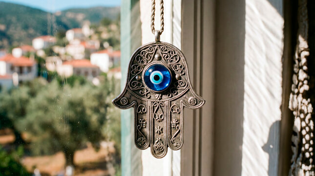 Close-up of a hamsa hand amulet with a blue evil-eye stone shining in warm sunlight. Detailed metal texture, cultural charm symbolizing protection, luck and spiritual safety.