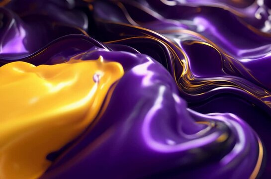 Mouvement fluide de liquides jaune et violet en fusion dynamique cr&eacute;ant des ondulations abstraites brillantes pour visuel moderne et composition color&eacute;e attractive