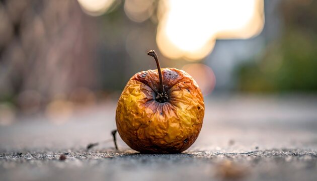 A withered apple with brown spots lies on a rough gray surface, soft bokeh background, stem facing upward