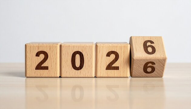 Wooden blocks forming “2026” on neutral background.