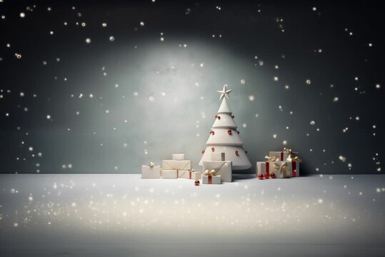 Petit sapin blanc d&eacute;cor&eacute; entour&eacute; de cadeaux dans une sc&egrave;ne de No&euml;l enneig&eacute;e avec flocons tombants et large espace n&eacute;gatif copyspace pour visuels festifs de fin d&rsquo;ann&eacute;e