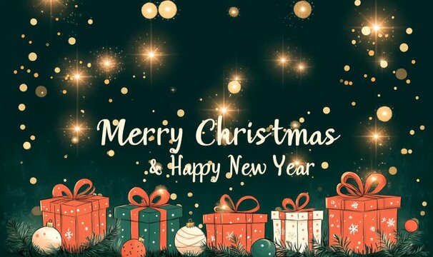 Cadeaux rouges et dor&eacute;s avec boules de No&euml;l sous pluie d&rsquo;&eacute;toiles et paillettes flare en arri&egrave;re-plan avec texte en anglais &laquo; Merry Christmas & Happy New Year &raquo;