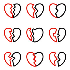A broken heart made up of two halves, red and black, in outline style.