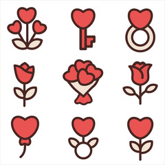 Flowers of Love Romantic Style. A cute set of flat icons featuring hearts and flowers.