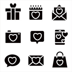 Set of silhouette-style love mail icons. Set of black icons on the theme of love.