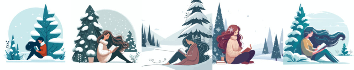 woman leaning against snowy diphony reading a book