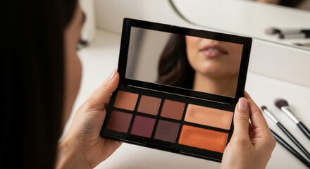 A woman holds a makeup palette with warm eyeshadow and blush tones. Close-up on a cosmetic kit with a mirror reflection. Holiday makeup preparation