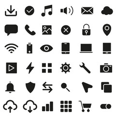 A set of black flat UI/UX icons for mobile applications and interfaces.