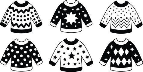 Set of Six Ugly Christmas Sweaters, Black and White Holiday Jumper Icons, Festive Winter Apparel Clothing Collection, Simple Monochrome Vector Graphic Clipart