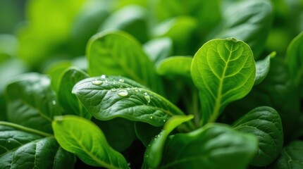 Fondo de hojas frescas de espinaca creciendo con gotas de agua