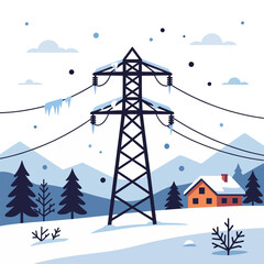 Frozen electricity pylon with ice on power lines. Winter snow landscape with mountains and a rural house. Flat design graphic