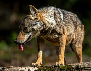 Obraz premium A wolf stands on a log, tongue out, showing its pink tongue against a blurry green background