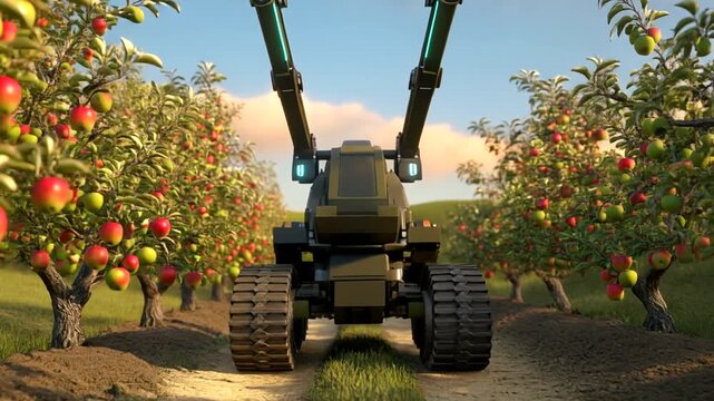 Automated Farming Futuristic Robot Driving Through Orchard Row Green Trees Full of Apples Innovative Agriculture Machine Cinematic Footage