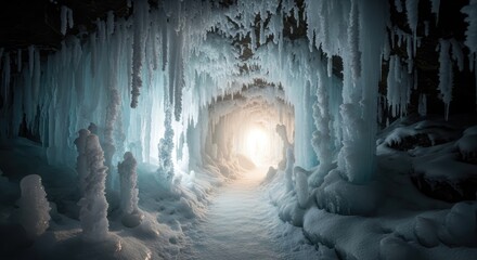 A view of a frozen cave with icicles and a light at the end of tunnel