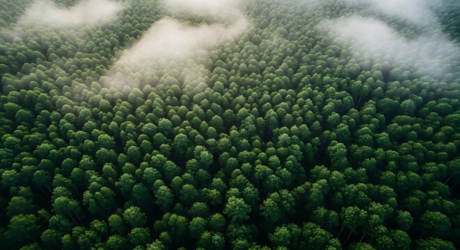 Aerial view of a vibrant green forest canopy with gentle mist and clouds hovering above the lush treetops, showcasing nature's tranquility.