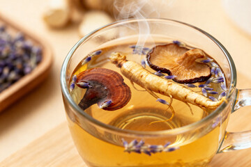 Adaptogen Herbal Tea with Ginseng, Reishi Mushrooms and Lavender for Stress Relief, Immune Support, Calm Wellness Rituals and Natural Healing Energy