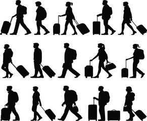 Set of Fifteen Traveler Silhouettes, Black Vector Graphic, People with Luggage Collection, Airport Vacation Journey and Business Trip Design Illustration