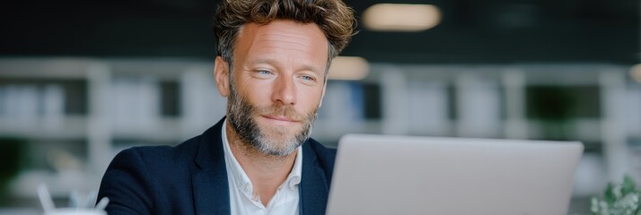 Focused Bearded Man In A Dark Suit Working On A Laptop In A Bright Modern Office Setting
