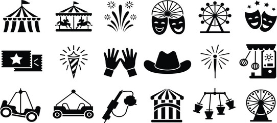 Set of Eighteen Carnival and Amusement Park Icons, Black Glyph Silhouette Collection, Circus Fairground Entertainment Recreation Event Vector Graphic Elements