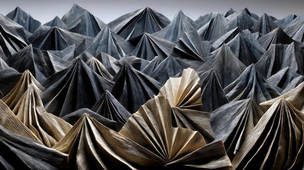 An abstract landscape composed of folded paper creating sharp, mountain-like peaks. The texture is rough and the lighting is moody, with a mix of dark gray and