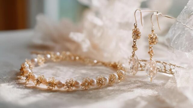 Gold floral jewelry set: bracelet and matching drop earrings displayed on light, silky fabric.