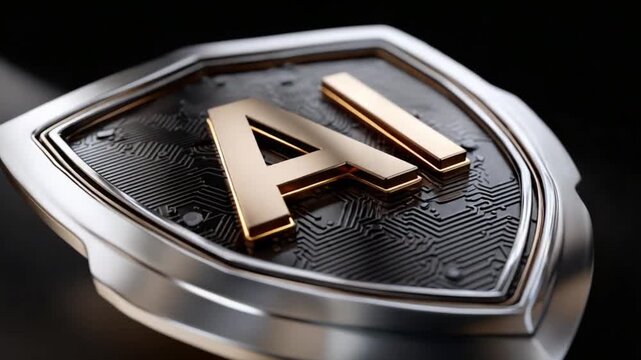 AI Shield: A gleaming shield bearing the bold initials AI symbolizes the protective force of artificial intelligence, with technological precision.