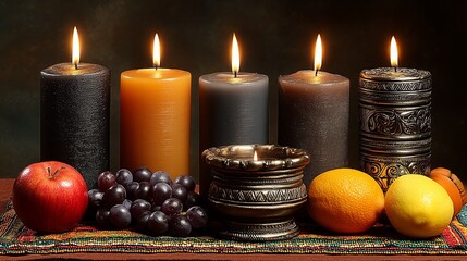 Kwanzaa table setup with candles, Mkeka mat, produce and unity cup