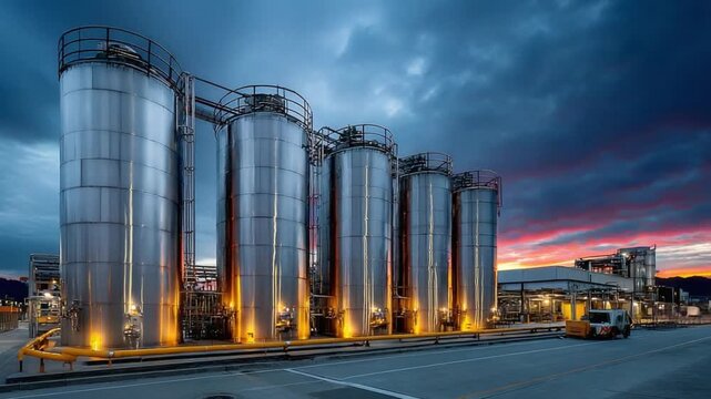 Industrial Giants: A row of towering industrial tanks stands against the backdrop of a dramatic, twilight sky, showcasing the scale of modern industry and infrastructure.