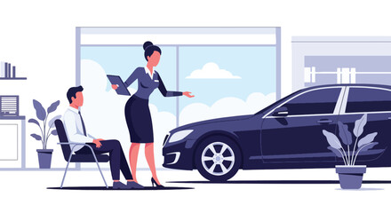 Car dealer presenting vehicle options to customer inside modern showroom. Ideal for automotive business ads, dealership promotions, sales brochures, and marketing visuals