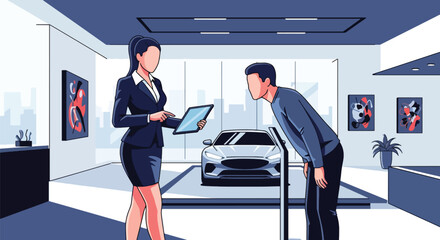 Car dealer presenting vehicle options to customer inside modern showroom. Ideal for automotive business ads, dealership promotions, sales brochures, and marketing visuals