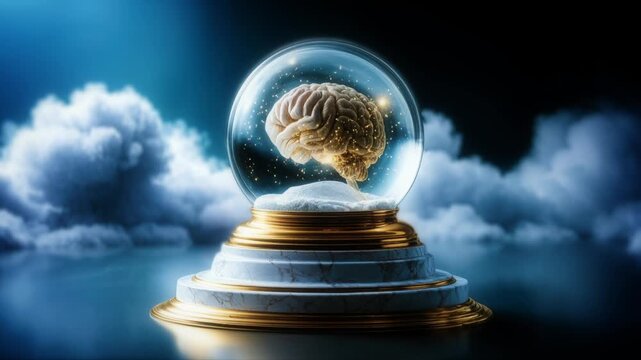 Glowing human brain inside a magic snow globe on pedestal with clouds scientific idea concept video