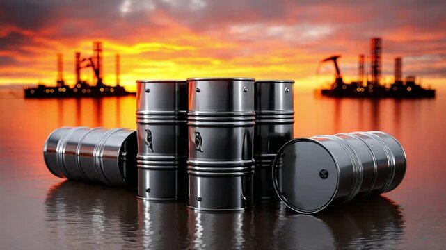 Oil Barrels at Sunset: A cluster of robust oil barrels, reflecting the fiery hues of a breathtaking sunset, symbolizing the energy industry against a dramatic skyscape.