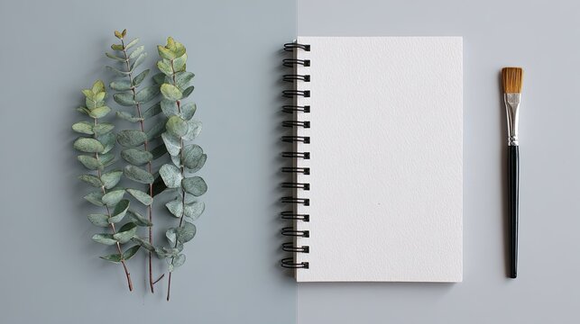 Art supplies and eucalyptus sprigs arranged on a grey surface.