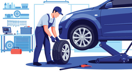 Mechanic changing tires in professional auto repair shop with clean tools. Ideal for garage services, maintenance visuals, car repair ads, and automotive illustrations