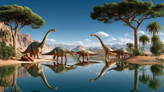 Prehistoric Reverie: A family of majestic dinosaurs, their long necks reaching skyward, stand peacefully at the edge of a serene lake. Their reflections shimmer on the water.