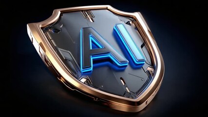 AI Shield of Protection: A metallic shield boldly displays AI, signifying the safeguarding power of artificial intelligence in a futuristic design.