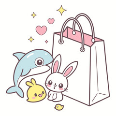 Cute kawaii cartoon dolphin bunny chick and gift bag with hearts and stars